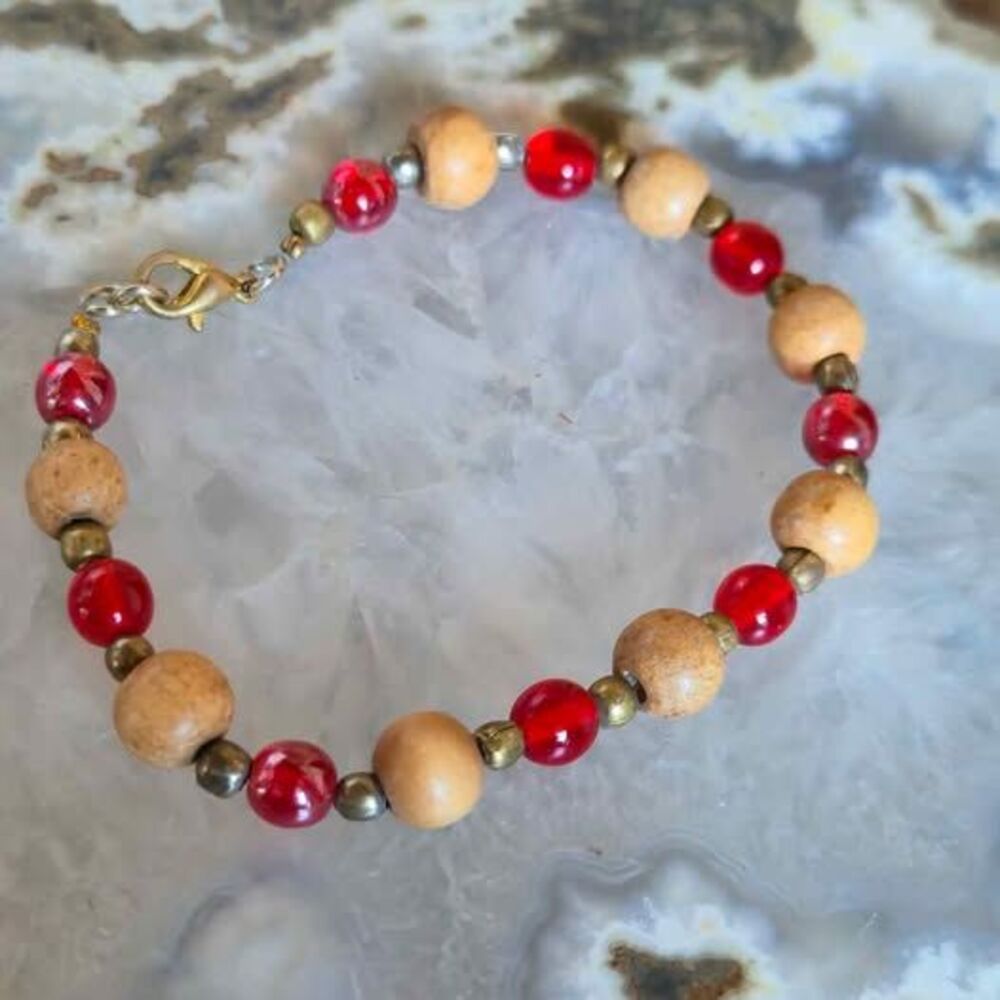Handmade Wood & Red Glass Bead Bracelet | Rustic Boho Bracelet | New Materials